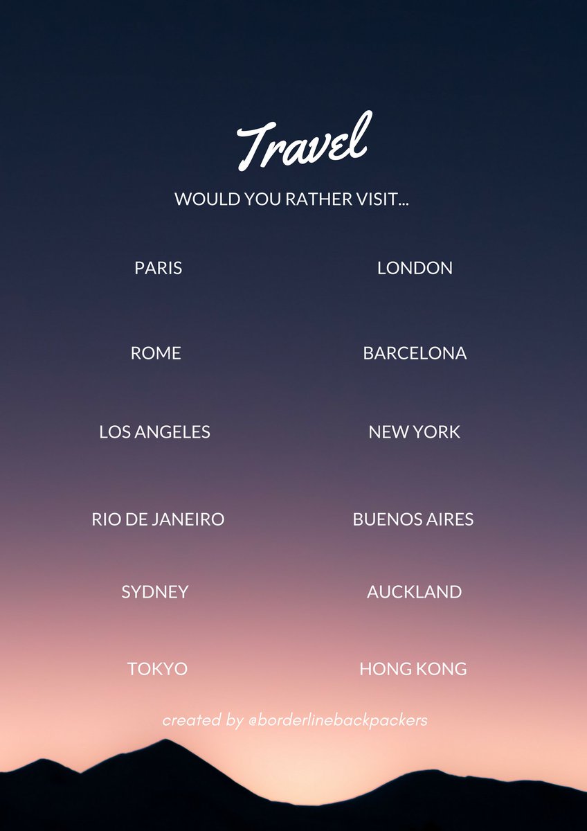 BLbackpackers's tweet photo. #WouldYouRather: Travel Edition πβοΈβ¨We've circled our favourites, which of these cities would you choose to go to?
Save it, fill it in and repost with your answers. Don't forget to tag us! #BorderlineBackpackers https://t.co/GvvILJOqXI