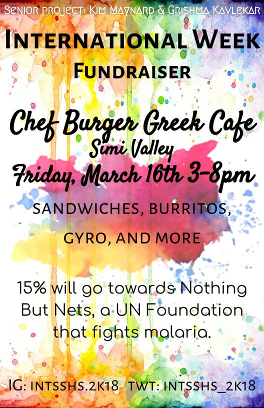 int_sshs18's tweet photo. Fundraiser to fight malaria! Come after school, for a snack, or for dinner! https://t.co/W4bjijRDea