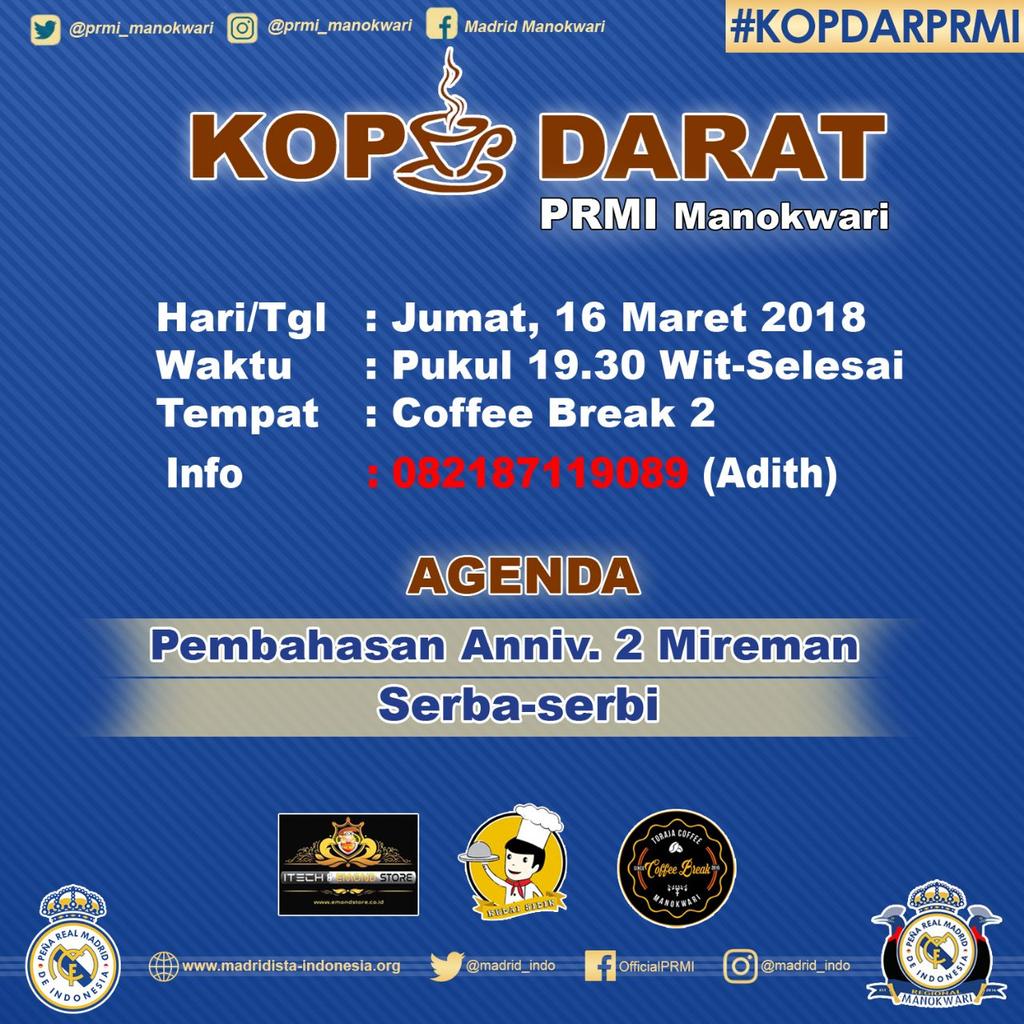 📣 #KopdarPRMI with <a href="/PRMI_Manokwari/">prmi_Manokwari</a>

📅 Jumat, 16 Maret 2018
🕢 Pukul 19.30 WIT
👕 Jersey/Baju Regional
🚩 CoffeeBreak 2 (Depan Toyota) 
📱 More Info: Adith +62 821-8711-9089
📒 - Pembahasan Anniversary 2 Mireman.

#HalaMadrid
#VomosPRMI
#Mireman

Cc:<a href="/Madrid_Indo/">Peña Real Madrid de Indonesia</a>
