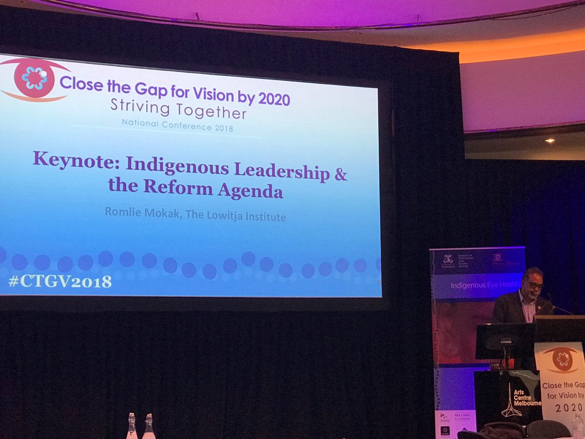 MurrayPHN's tweet photo. Romlie Mokak, CEO of @LowitjaInstitut is providing his insight and knowledge about Indigenous Leadership and the Reform Agenda. Reminding all of us that the change needed to #ClosetheGap must be led by Indigenous people with non-Indigenous people walking alongside #CTGV2018 https://t.co/LHF5s02Iy1