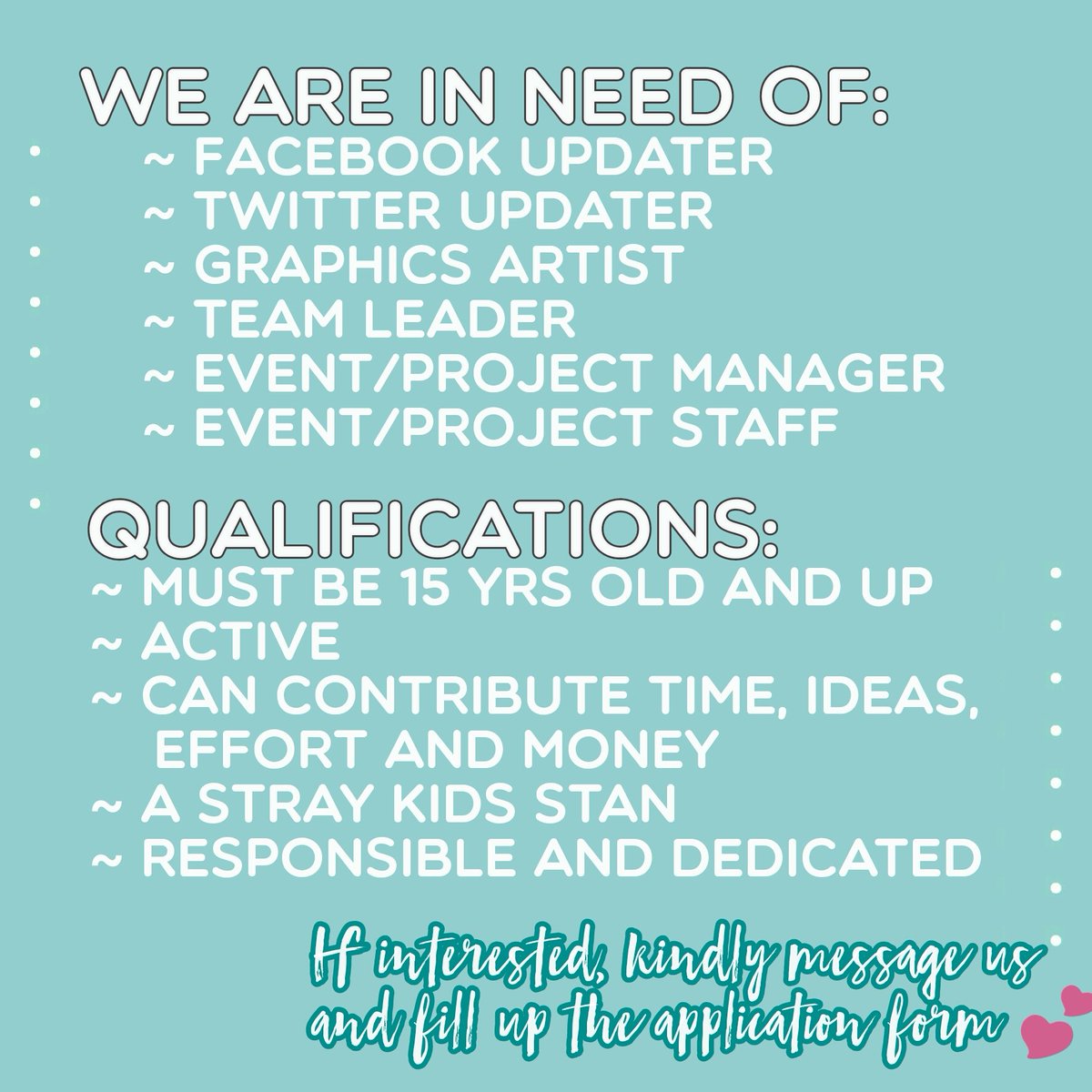 [STAFF HIRING] Interested to be a part of Yang Jeongin PH? DM us now!—»♡.•

-- #StrayKids #스트레이키즈 #YangJeongin #양정인 #Jeongin #정인 #IN #아이엔

♡