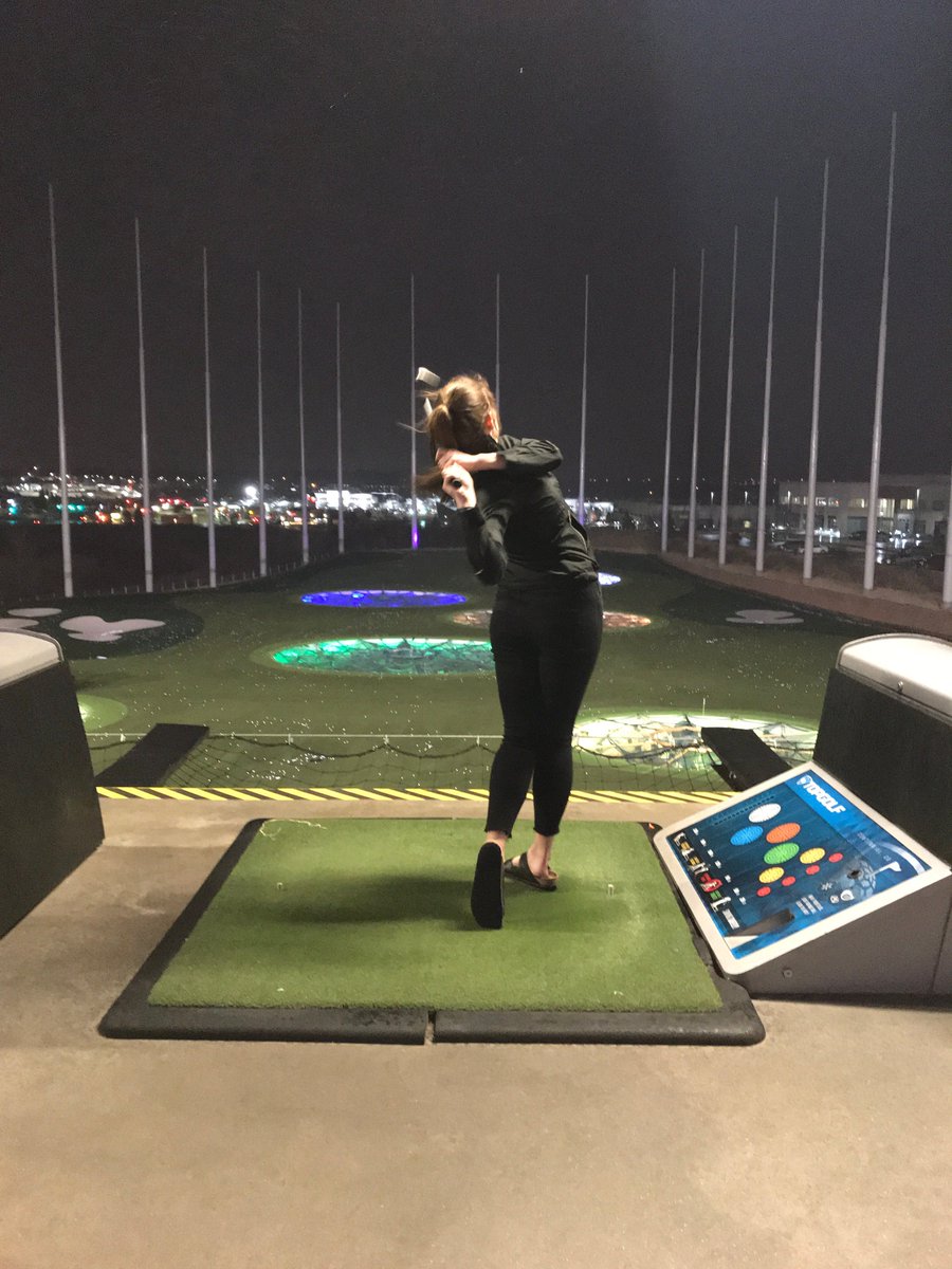 StoutWGolf's tweet photo. Another full day for the Colorado crew on Spring Break! @t_kluess, @Madison_Anne19 & @HannahJo21 worked the short game at an executive course in the a.m., went to see the Broncos' stadium, dinner at Cheesecake Factory & then TopGolf with Madison's parents. #wecouldgetusedtothis https://t.co/eyykscLgmg