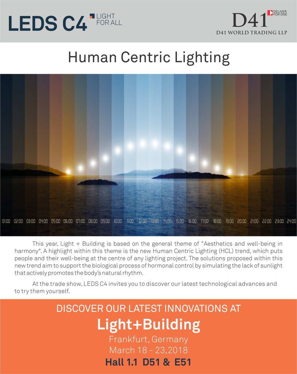 d41world's tweet photo. The new Human Centric Lighting (HCL) trend puts people and their well-being at the centre of any lighting project.
 Would you like to know more about the HCL? https://t.co/WPFCDoXhZt
 #ledsc4 #lightandbuilding #lightandbuilding2018 #humancentriclighting #hcl #d41world @ledsc4 https://t.co/cvWnHmMUPs