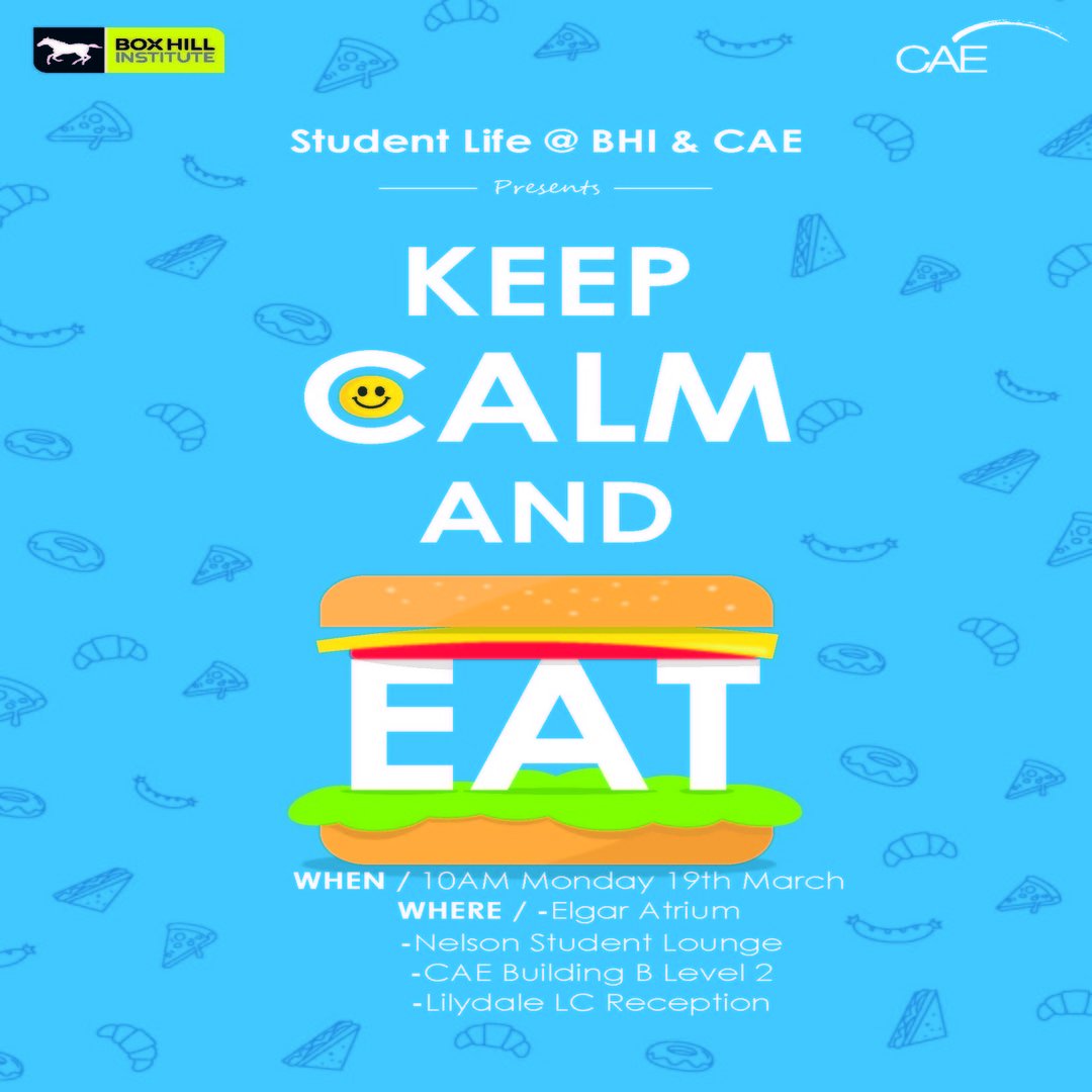 BHIStudentLife's tweet photo. This semester got you feeling stressed? Don't worry, it's time to Keep Calm and Eat with the Student Life Team! #BHIStudentLife #HotXBuns https://t.co/UKEJuMJx4E