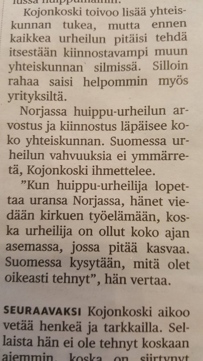 Kojonkoski päivän Hesarissa huippu-urheilun arvostuksesta Suomessa.