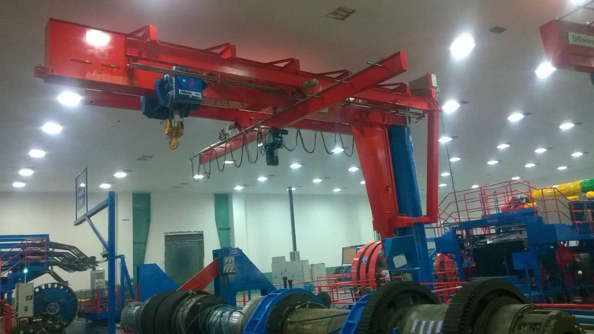 This is a Jib crane having a SWL of 13.5t at an outreach of 8.5m,with an under slung crane of 3.2t SWL, mounted on it!
This hybrid crane handles multiple complex mould positioning manoeuvres requiring a certain locus of movements in a restrictive space. 
#ElectroMechEverywhere