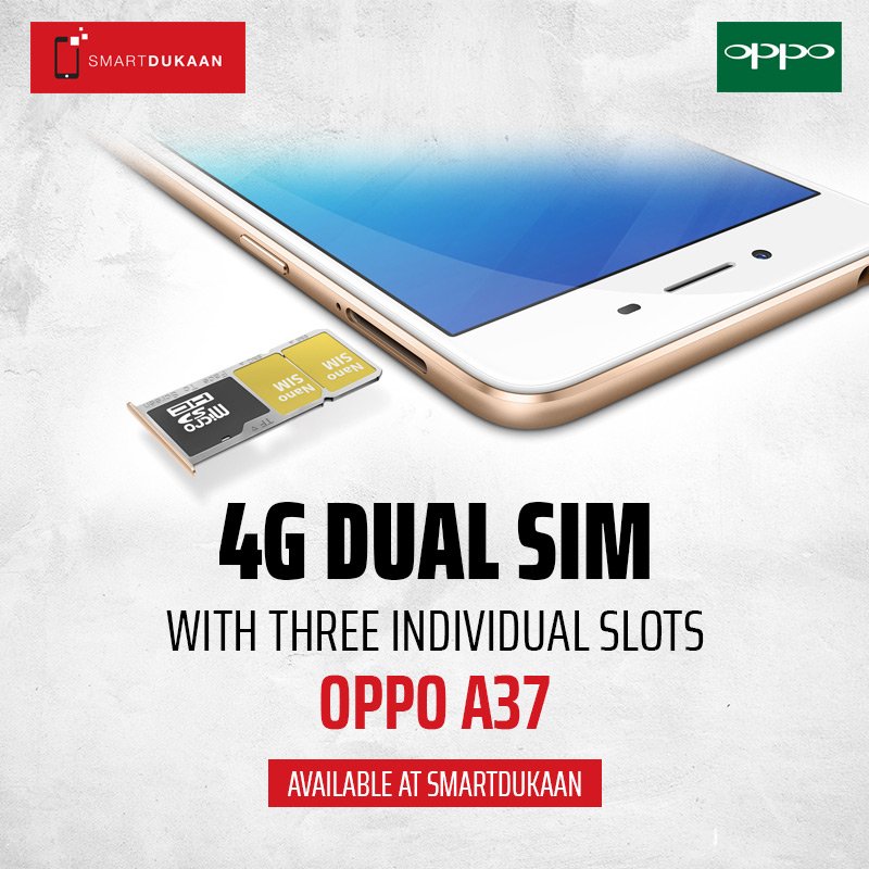 SmartDukaan's tweet image. Oppo A37 comes with three individual slots. Two of the slots support 4G networks with top speeds. You can also have a third remaining slot for memory expansion of up to 128 GB.

#Oppo #DoubleSIM #ExpandableMemory #OppoA37