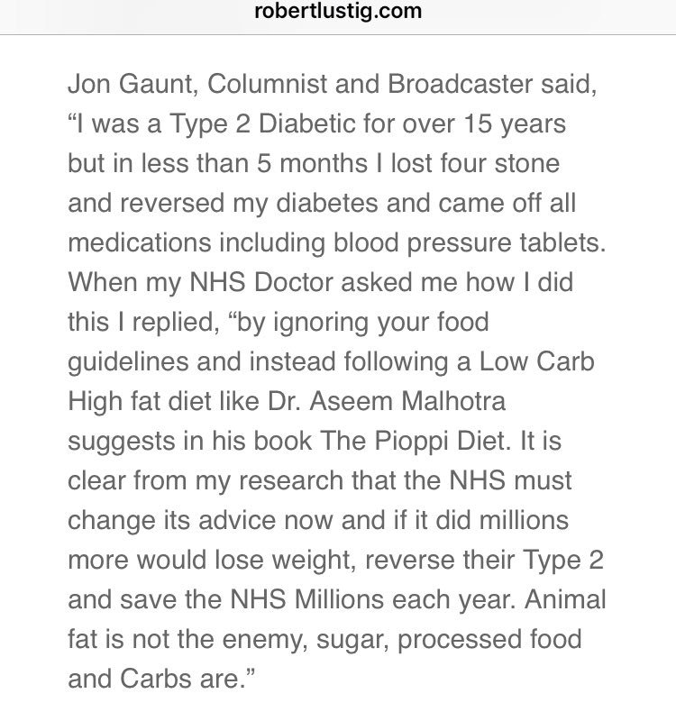 DrAseemMalhotra's tweet image. ‘I was type 2 diabetic for over 15 years but in less than 5 months I reversed my diabetes and came off all blood pressure pills. When my #NHS doctor asked how I did this I replied ‘by ignoring your food guidelines’ says @jongaunt robertlustig.com/2018/03/aseem_… @shekharkapur #PioppiDiet