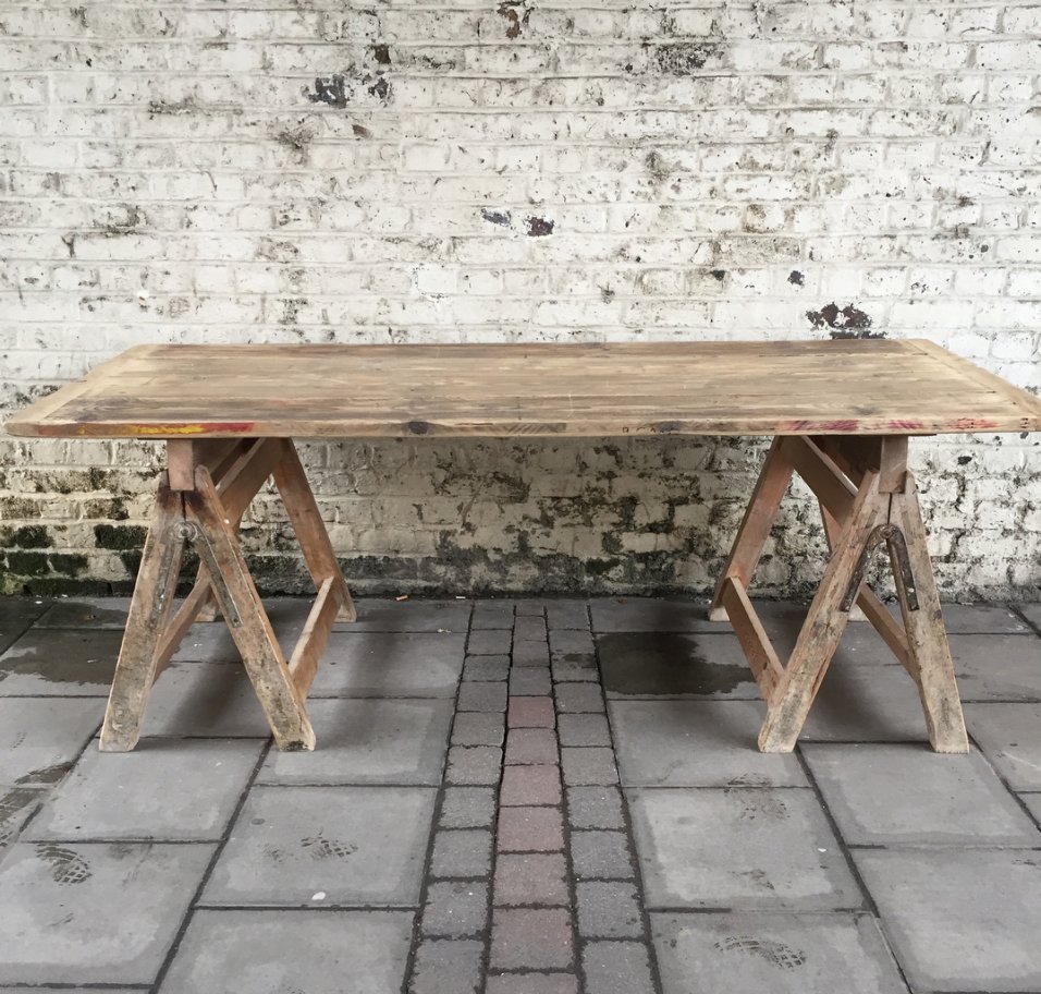 mywarehousehome's tweet image. This rustic trestle table spotted @vintagematters caught our eye! Used as a writing desk or work bench, it has a vintage industrial edge. #vintagestyle #trestletable