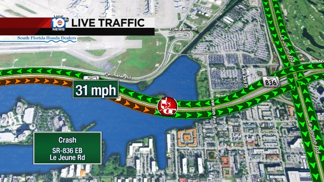 Crash on SR-836 EB approaching Le Jeune Rd #traffic https://t.co/ln9Yny5CzO