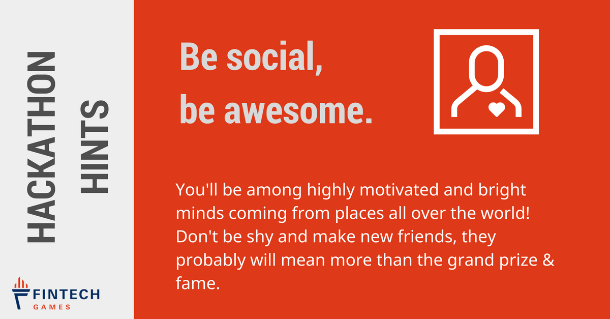 FinTechGames's tweet photo. Last but not least: Be social at the #SIXHackathon. Don't miss out to meet the motivated and bright minds, all sharing the love for the same nerdy and innovative stuff! https://t.co/xDy7V9WXZj #hackathontip @hackathons @hackaday @joergwasmeier https://t.co/UOydCGJNXn