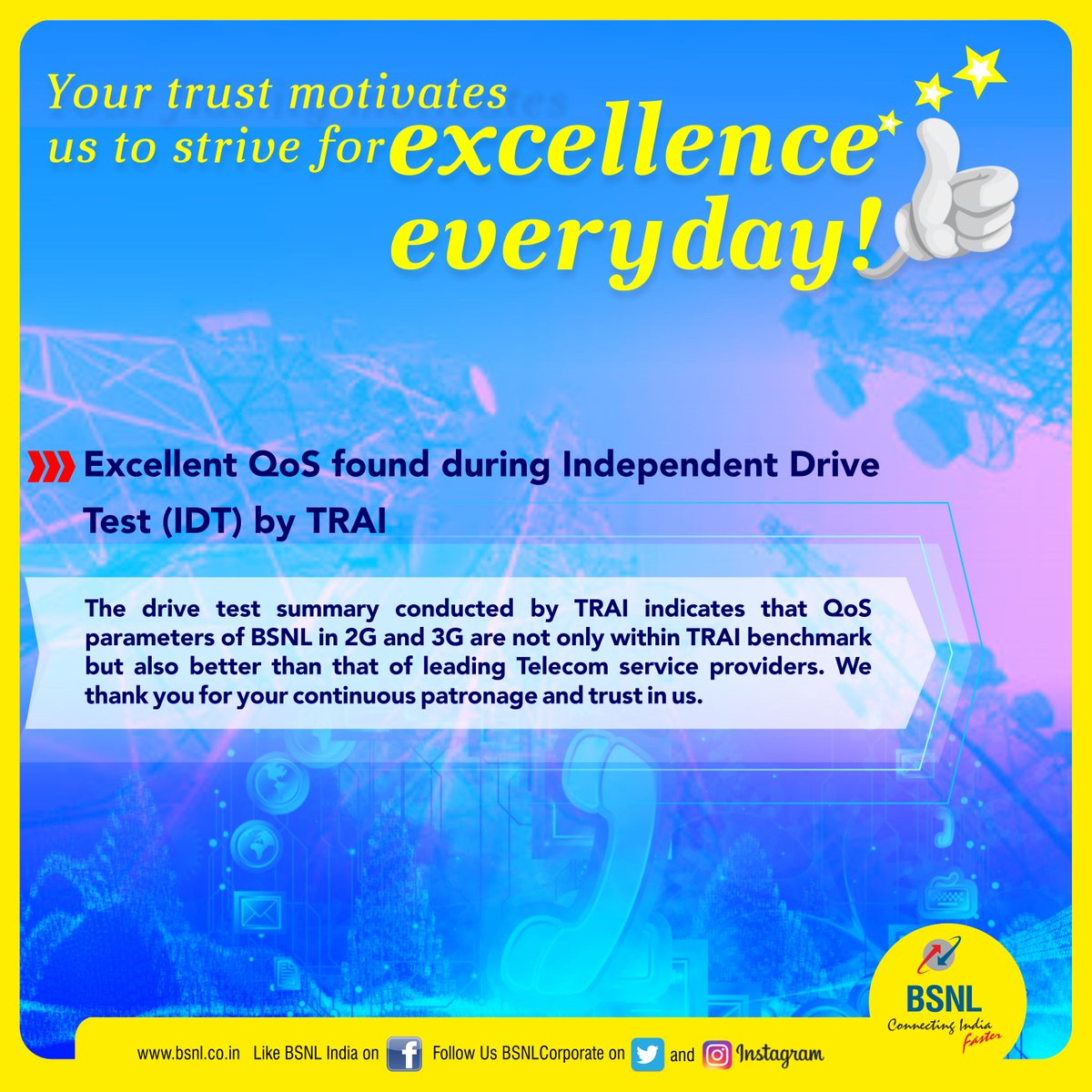 BSNLCorporate's tweet photo. Our customers make us proud.Excellent quality of service found during Independent Drive Test by @TRAI .We are grateful to our customers for their continuous patronage and belief in us.#BSNL https://t.co/PlIhCd9UUU