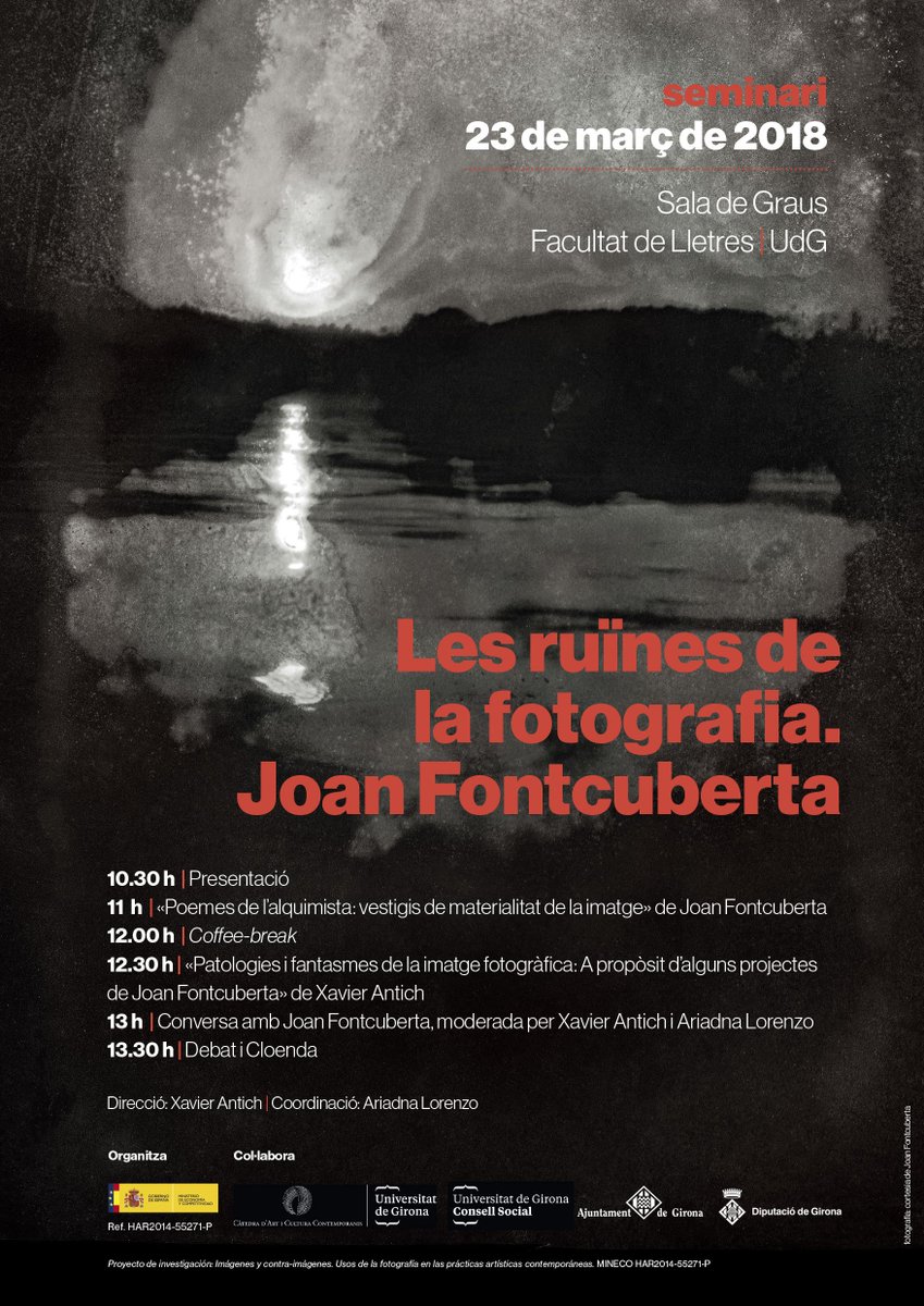 cacc_udg's tweet photo. Seminari «Les ruïnes de la fotografia. Joan Fontcuberta». Divendres 23 de març, a les 10.30 h, a la Sala de Graus de la @UdGLletres de la @univgirona amb Joan Fontcuberta i @XavierAntich . Hi esteu tots convidats! https://t.co/SwYv15aTSp