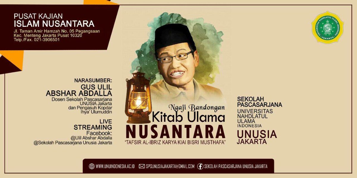 Malam ini di Kampus @UNUSIA_ ada Gus <a href="/ulil/">Ulil Abshar-Abdalla</a> ngaji bandongan Tafsir Al-Ibriz. Cc <a href="/nahdlatululama/">Nahdlatul Ulama</a> <a href="/nu_online/">NU Online</a>