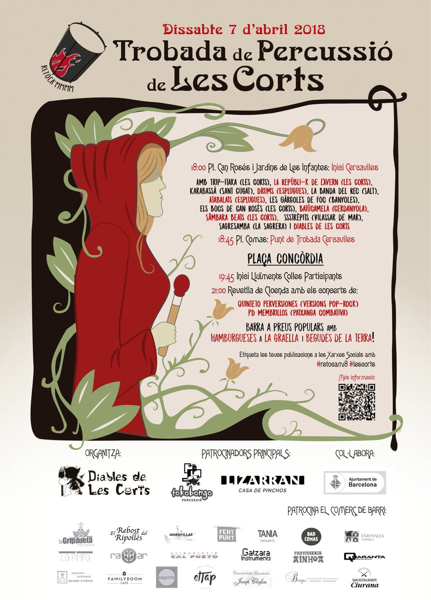🥁 #retocam18, Trobada de Percussió de #lescorts
📆 Dissabte 7 d'abril
🕙 17h - 01h
📌 Plaça Concòrdia - Metro L3 Les Corts
👦 Event #facebook: bit.ly/retocam18FB 

🔥 Patrocinadors Principals: <a href="/tokobongobcn/">Tokobongo Barcelona</a>  i #Lizarran Nou Camp

ℹ️ Info al detall: diablesdelescorts.cat/retocam