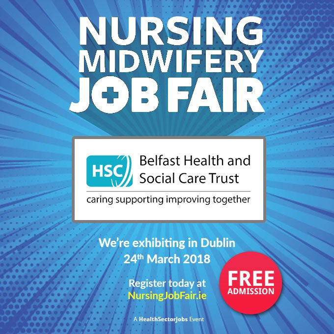 BelfastTrust's tweet photo. Calling all nurses, midwives or those in training. We will have a stand at the Nursing and Midwifery Fair in Dublin on Saturday, 24 March. See https://t.co/eA343orYON
It’s free and you will be able to quickly register your interest in a job with Belfast Trust. See you there! https://t.co/uXzxnhnBRo