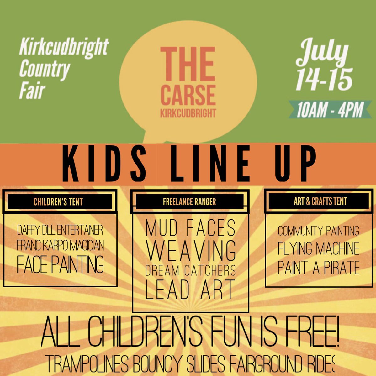 *** Kids Line Up Announcement***

The weather is becoming milder &amp; our thoughts are turning to our upcoming summer events with warmer weather &amp; so much fun!

Here's what the kids (of all ages) can look forward to at this year's Kirkcudbright Country Fair.....

#LoveDandG