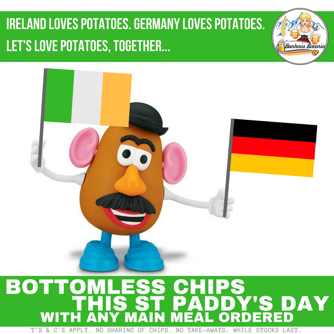 Join us for St Patrick's Day the German way and enjoy bottomless chips with any main meal ordered...

Specials on <a href="/GuinnessIreland/">Guinness Ireland</a>, <a href="/LeakyTapBrewery/">Leaky Tap Brewery</a>'s special green Tap That Irish vodka cooler, Irish Car Bombs, and German Car Bombs.
But seriously, do it, for the love of potatoes!