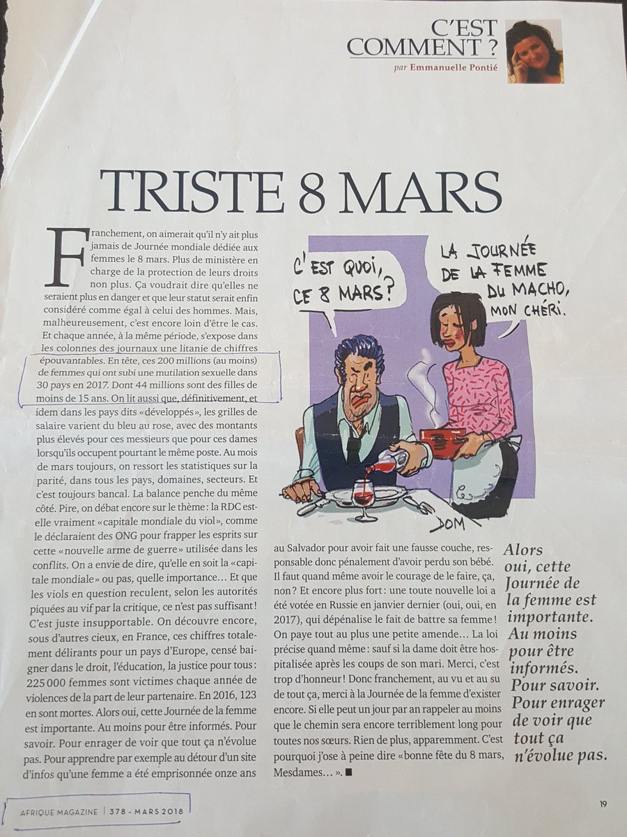 8 jours après la #journeedesdroitsdesfemmes un chiffre continue de me hanter : plus de 200m de femmes ont subi une mutilation sexuelle, dans 30 pays en 2017. Via <a href="/afriquemagazine/">Afrique Magazine</a>