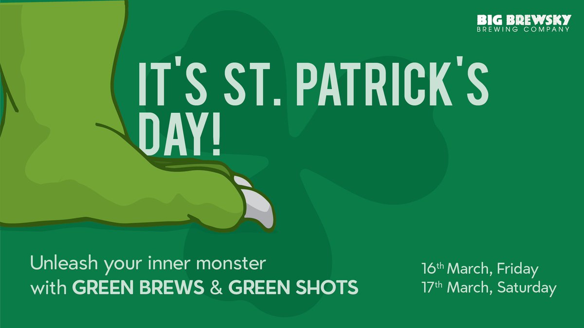 Big_Brewsky's tweet photo. Irish madness takes over this Friday and Saturday at the Big Brewsky Brewing Company!
Come on down and knock back #Greenbrews and #Greenshots (all natural of course) with us as we #celebrate #StPaddysDay this weekend.
16th and 17th of March.
#BigBrewskyBrewingCompany https://t.co/o1L8KRTUUK