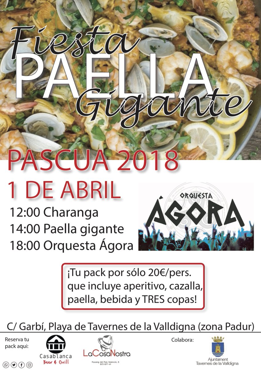 Te apetece?

El domingo de Pascua, 1 de abril estaremos en Calle Garbí(zona Padur) de la playa de Tavernes de la Valldigna, celebrando con una Fiesta de la Paella GIGANTE, charanga, verbena, dj´s en directo y con mucha fiesta para vosotros.