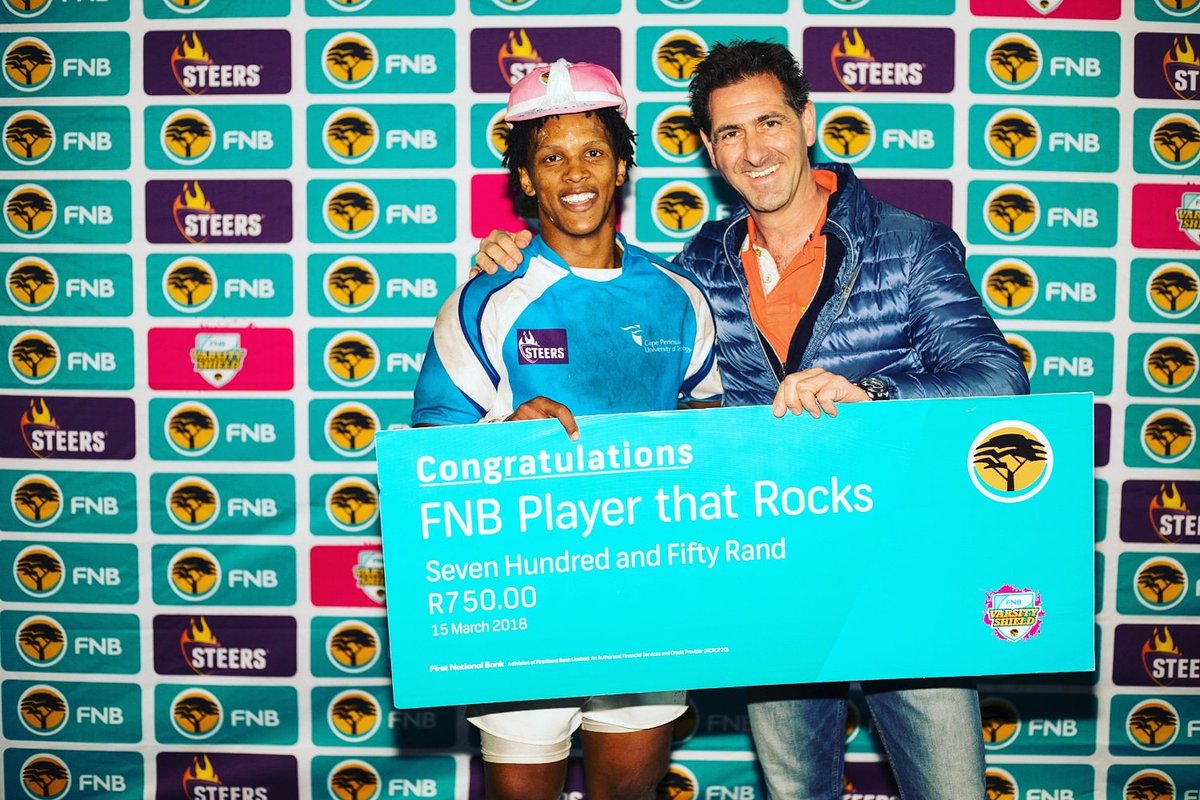 varsityshield's tweet photo. Congratulations to Chadd Fortuin from @cputstudents who scored two tries and picked up the #FNBplayerthatrocks award after their 50 - 10 victory over @rhodes_rugby.

#FNBVarsityshield #MakeTheTeam https://t.co/RI0ICPP68q