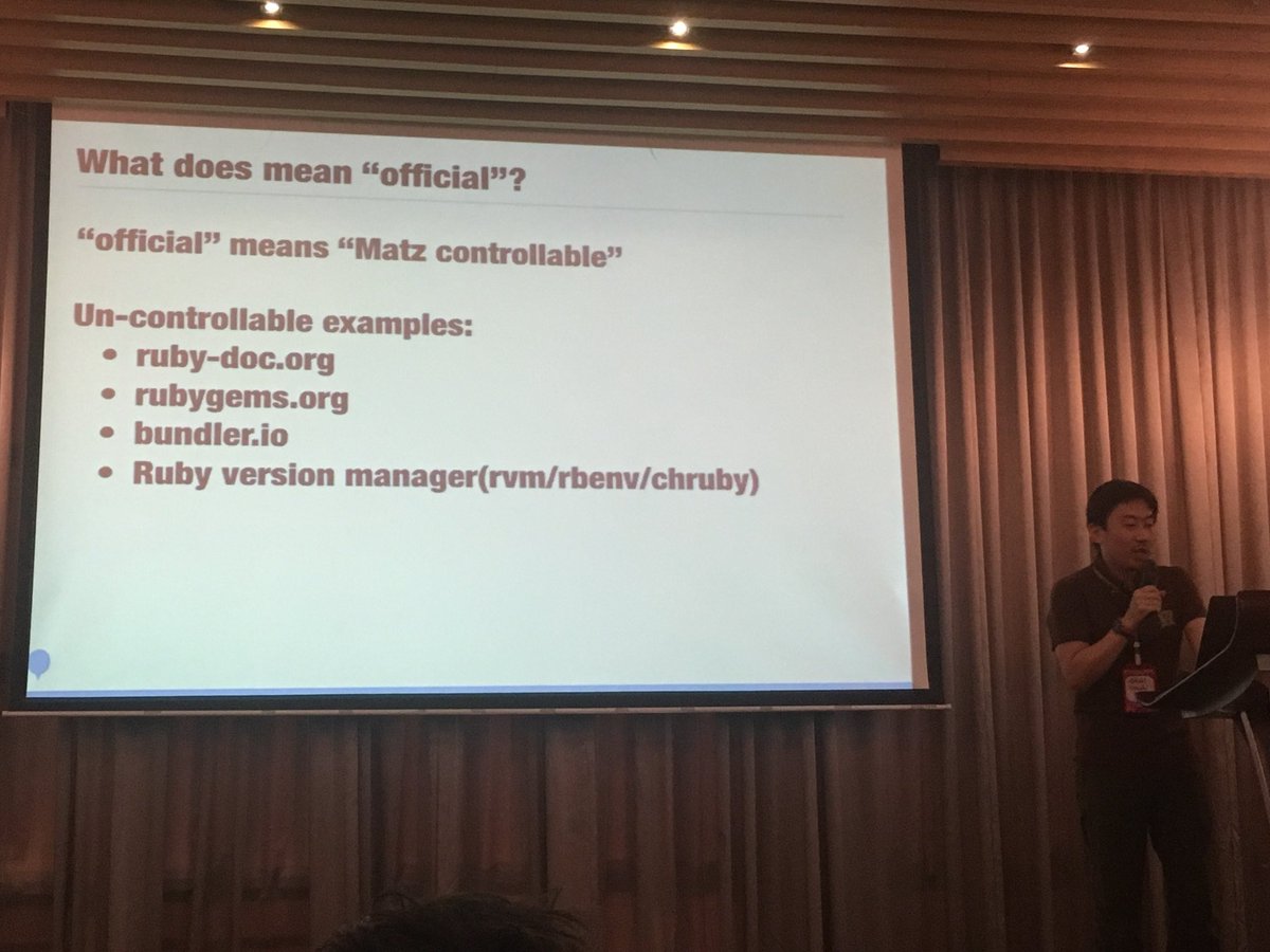 gautamrege's tweet image. How Ruby is released by @hsbt at #RubyConfPH "official" means "Matz controllable" 😇