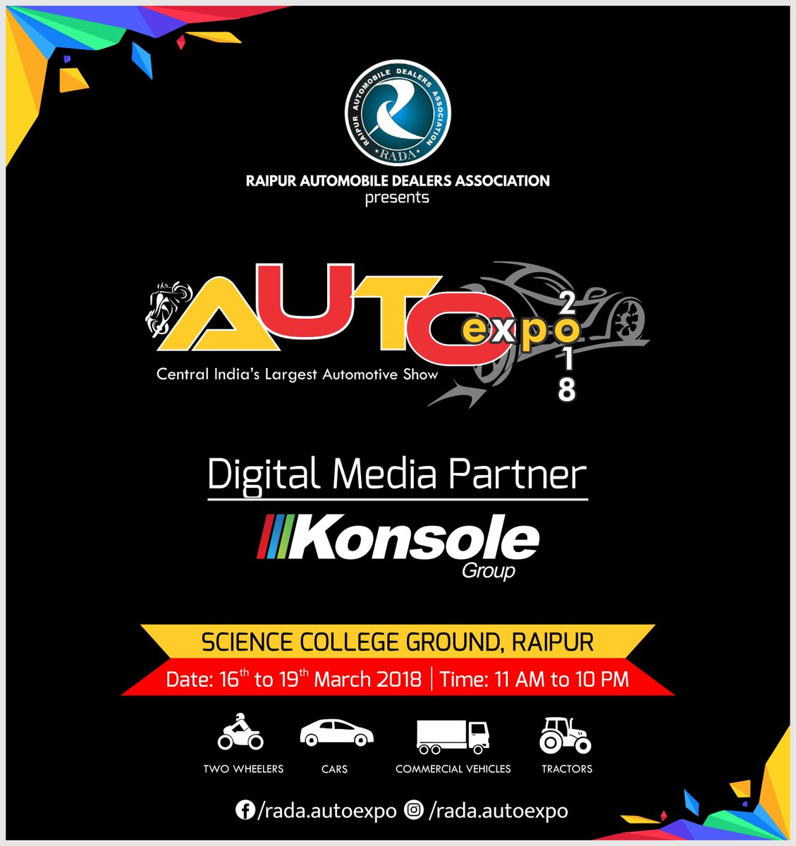 KonsoleGroup's tweet image. #KonsoleGroup is the proud #DigitalMediaPartner for 6th edition of RADA Auto Expo. Witness the amusing exhibition of adrenaline stimulating vehicles and an eventful bonanza at Science College Ground from today.
