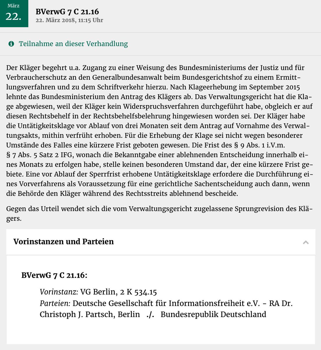 #IFG-Terminhinweis: Am 22.3. verhandelt u. entscheidet das <a href="/BVerwG_de/">BVerwG.de</a>, ob Verwaltung binnen eines Monats auf #IFG-Anfragen antworten muss, oder drei Monate Zeit hat. Wir (Deutsche Gesellschaft für Informationsfreiheit) haben deswegen <a href="/BMJV_Bund/">BMJV</a>  verklagt. <a href="/fragdenstaat/">FragDenStaat.de</a>