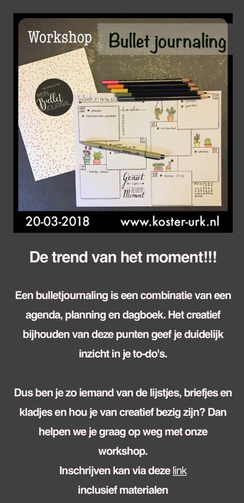 Aanstaande dinsdagavond is het zover. Er is nog plaats. 

Zou jij ook wel eens willen leren bullet journaling? Kom dan gezellig naar onze workshop BULLET JOURNALING op 20 maart.🖍📓✏️

Opgeven kan via onze website via bit.ly/2GyTZoy