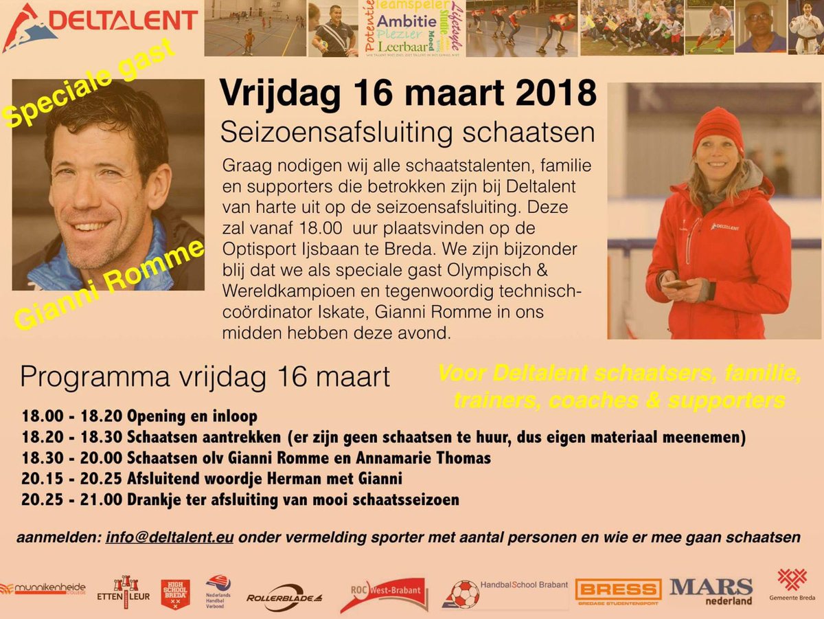 Vanavond seizoensafsluiting Deltalent schaatsen. Met als speciale gast <a href="/gianniromme/">Gianni Romme</a> die een training komt geven aan de talenten. Het was een mooi seizoen. Vanaf april beginnen we aan het seizoen 20182019 #schaatsen #talentontwikkeling <a href="/breda/">Gemeente Breda</a> @PauldeBeerD66