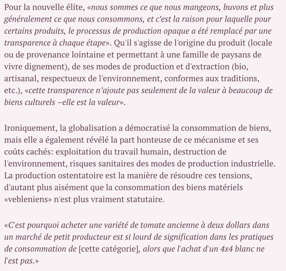 The Sum of small things de E. Currid-Halkett pourrait s'intituler Le Capital culturel au XXIème siècle. Ou comment la consommation de café équitable et de légumes moches est devenue plus classante que la possession d'un iPhone. À lire sur <a href="/Slatefr/">Slate.fr</a> =>  slate.fr/story/158947/c…