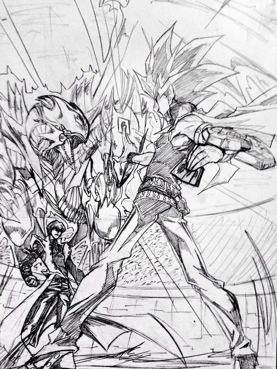 analogmon's tweet image. 怒り、憎しみ、そんなもので勝利の重圧を受け止められるか！
憎しみを束ねても、それは、脆い！！
(描き終えた後でこのデュエルの遊戯は学ランマントじゃないことを思い出した