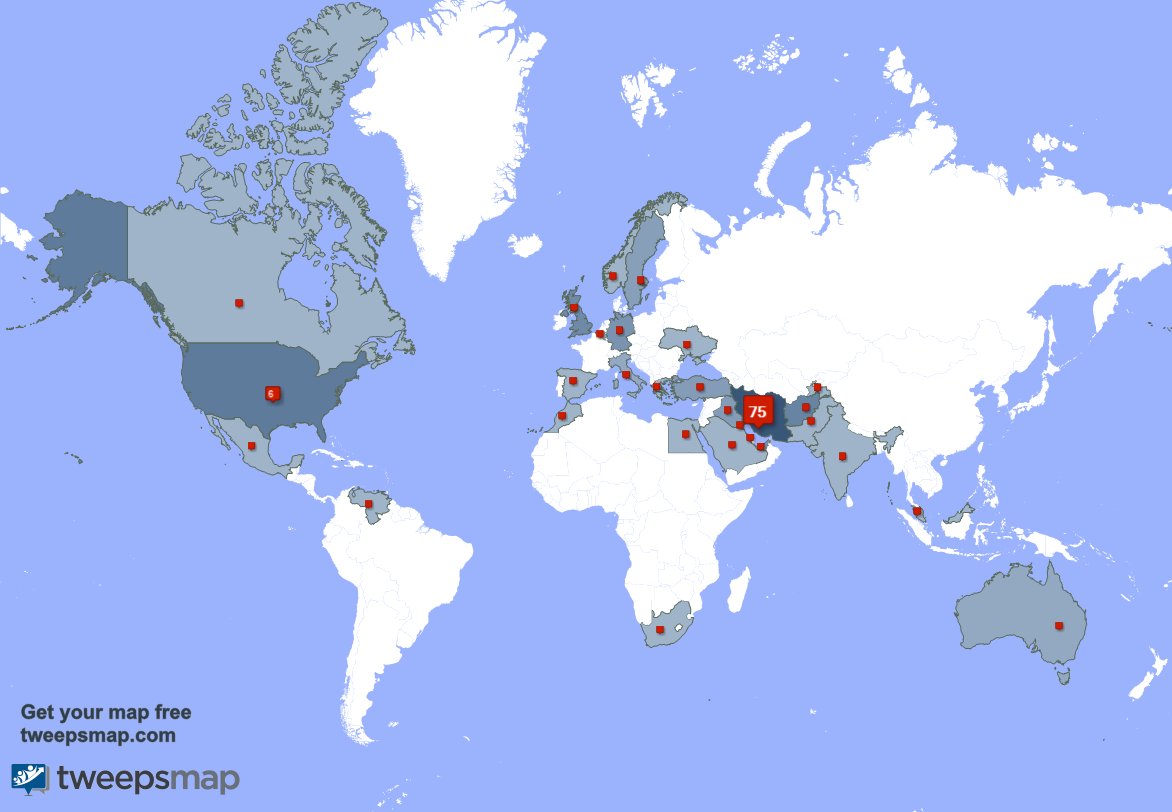 AMiI2y's tweet photo. My followers live in Iran (74%), USA(6%)... Get your free map: https://t.co/GXvcXHfdei https://t.co/732lgad2K8