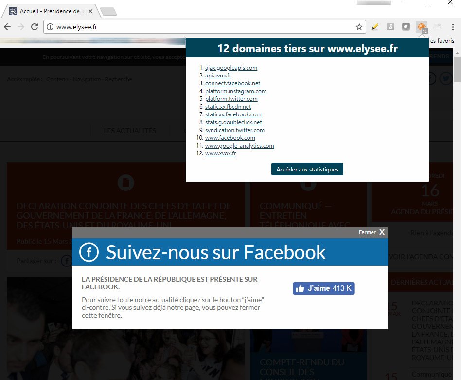 « Suivez-nous sur Facebook » en énorme quand tu arrives sur ma page d'accueil.

Je déclenche 12 appels à des domaines tiers quand tu viens me visiter, dont ceux de Google, Twitter, Facebook, Instagram. 

Qui suis-je ? 

Le site officiel de l’ <a href="/Elysee/">Élysée</a>

#GDPR #Privacy #Souveraineté