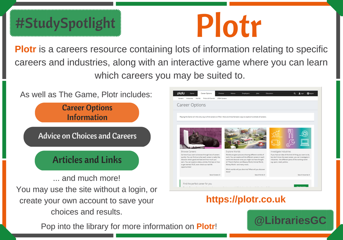 LibrariesGC's tweet image. Still not sure what you want to do in the future? Check #Plotr on #StudySpotlight @Gloscol @gc_gccrew