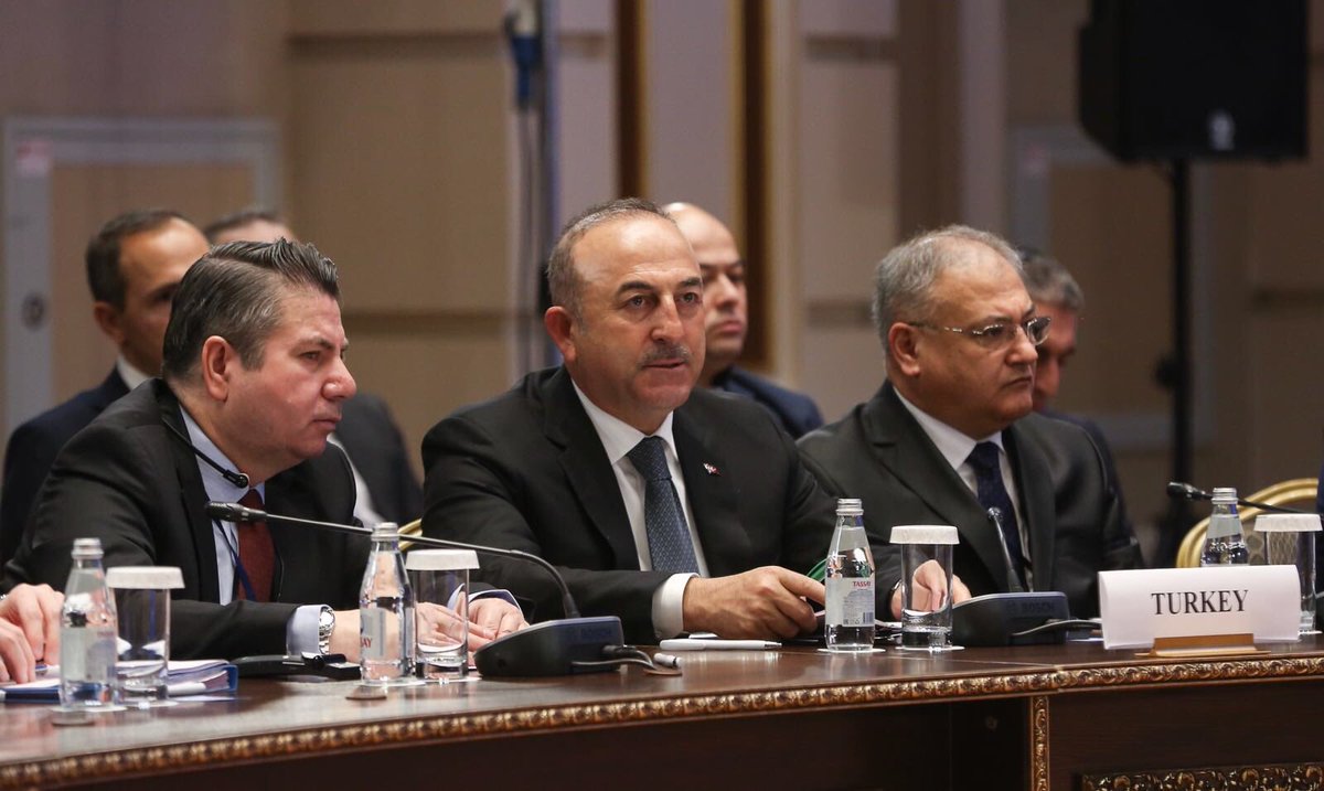 MevlutCavusoglu's tweet photo. At our meeting with Foreign Ministers of Russia and Iran, Sergei Lavrov and Jawad Zarif, we reviewed progress so far at #Astana meetings and evaluated possible steps towards solution to the Syrian crisis.
#AstanaProcess https://t.co/mggYHdHTFO