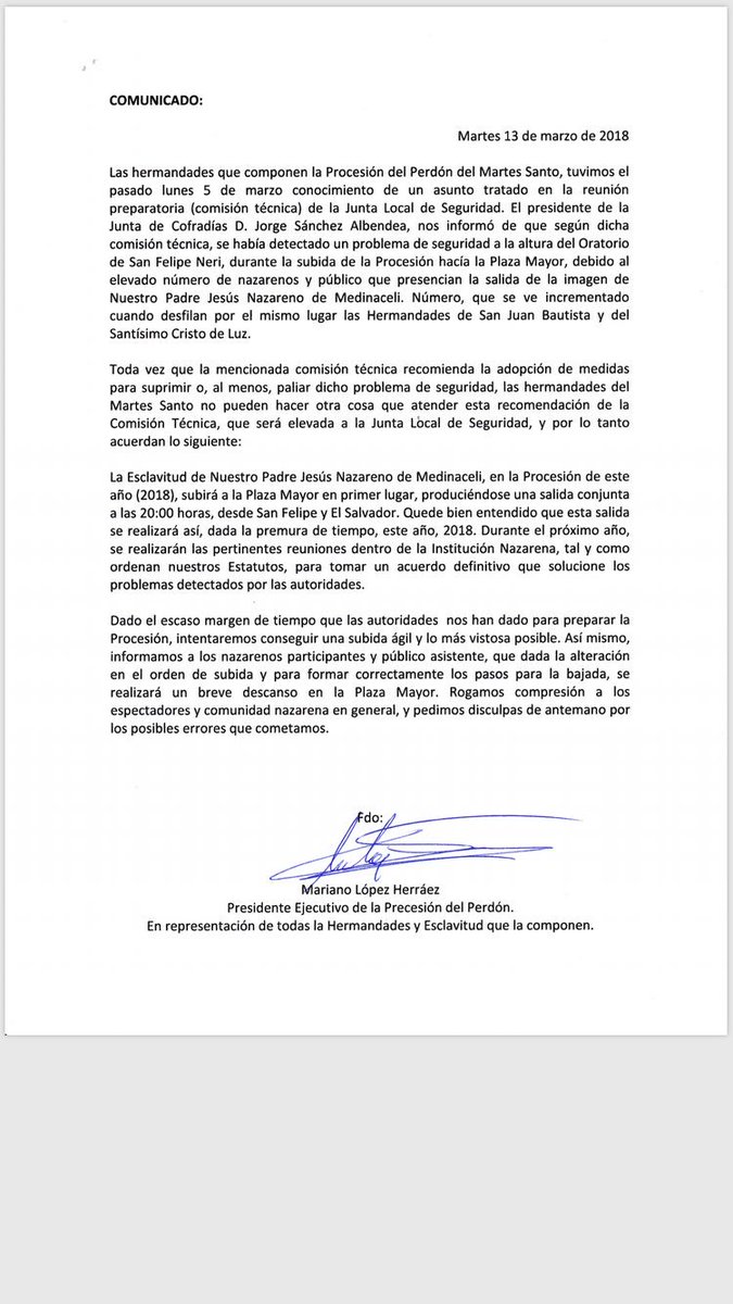 “COMUNICADO OFICIAL”
Modificado el orden procesional del Martes Santo. Por motivos de seguridad, Nuestro Padre Jesús Nazareno de Medinaceli abrirá procesión hasta su llegada a la Plaza Mayor.