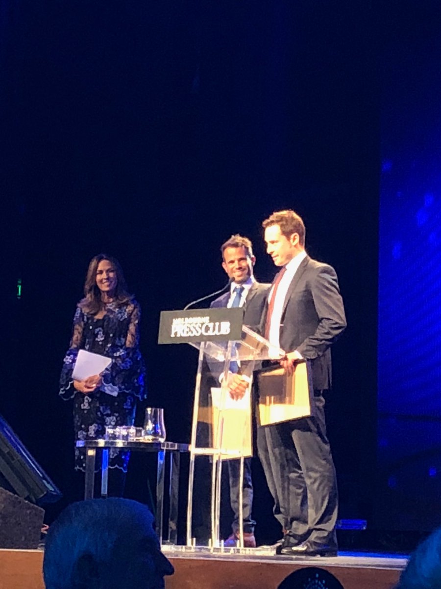 lisazdavies's tweet image. Bravo @Ageinvestigates + Richard Baker - winners of the Graham Perkin award at #Quills - paying tribute to the late Michael Gordon for his profound influence on their careers and @theage newsroom