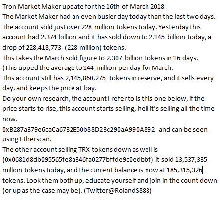 RolandS888's tweet photo. Tron Market Maker update for the 16th of March 2018 https://t.co/XCTcYAEQOU