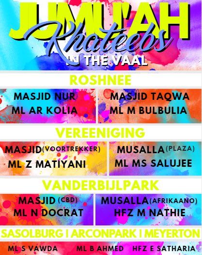 MasjidPoster's tweet photo. #Jumu'ahToday 
#JumuahRoster 
#JumuahLecture #Schedule 

#Azaadville
#JohannesburgSouth
#Pta #Laudium
#Vaal

#March16
#JumadalUkhra28 https://t.co/fYwcJF3roH