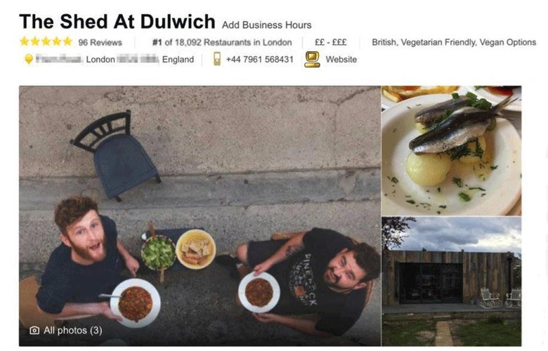 amitranjan's tweet image. Don't trust everthing you read on the interwebs:) --&amp;gt; "How this man tricked TripAdvisor into listing his shed as London's No. 1-rated restaurant" cbc.ca/radio/asithapp… #tripadvisor #fake #reviews