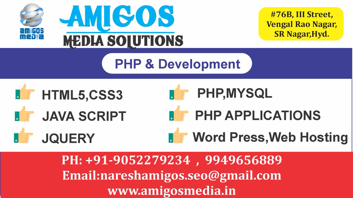nareshamigos's tweet image. Amigos Media | PHP MYSQL | PHP Applications | web hosting | Word Press | HTML | Javascript Trainings.
Location: Hyderabad
#PHPMYSQL #PHPApplications #Webhosting #Wordpress #html #Javascript
Contact
Amigos Media
Mail: amigosmediasolutions@gmail.com
call: 9949656889 |  9000045655
