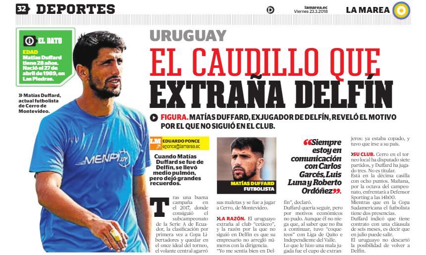 DuffardMatias's tweet photo. Matías reveló por que no continuó en delfín ! .
Expresó ~ sigue en comunicación con sus compañero Carlos Garces ,Luis Luna y Roberto Ordóñez ~ .
“El Caudillo que extraña delfín “ @LaMareaec @MatiasDuffard  @DelfinSC .. https://t.co/HixisUKUKu