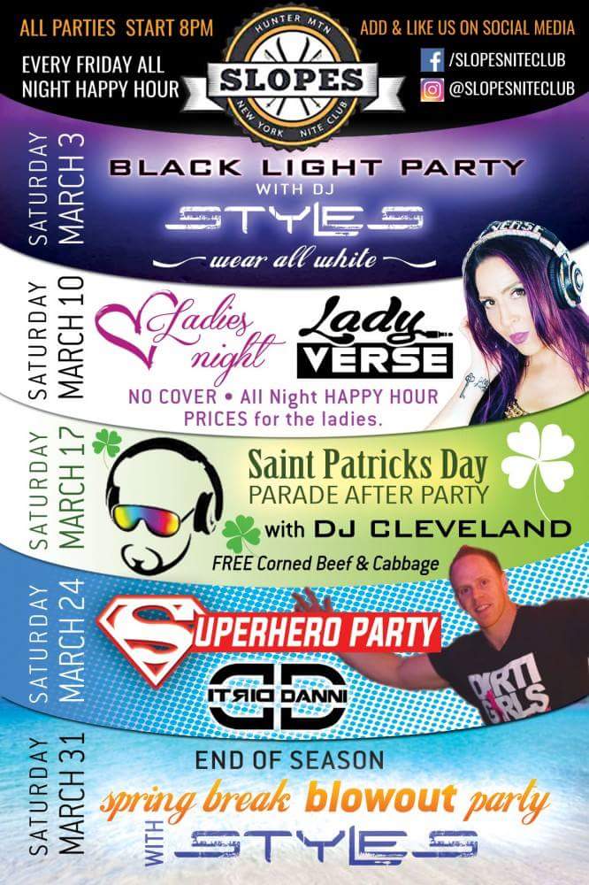 SlopesNiteClub's tweet photo. Saturday night at Slopes! Superheroes and Villains party with DJ DIRTI DANNI! #huntermountain #slopesniteclub #slopesnightclub #superhero #djdirtidanni https://t.co/HB9sJi0NYu