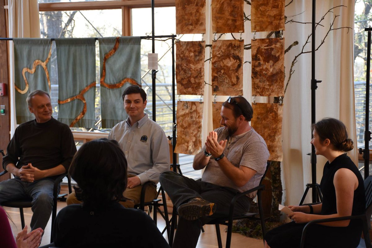 BWRiverkeeper's tweet photo. Yesterday, @highlandsschool 8th grader Whitney Byington led an art exhibition and discussion at @RuffnerMountain about #Alabama industry. We enjoyed joining the panel with #Ruffner #historian Mark Kelly and @AL_Labor Abandoned Mine Reclamation Program representative Dustin Morin. https://t.co/ipUmTIrKpJ