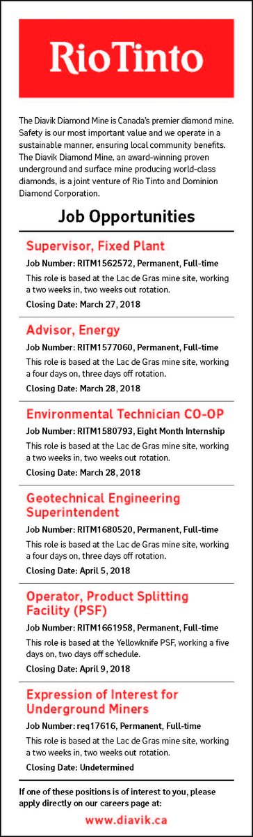 A variety of job opportunities at Diavik. Apply online: bit.ly/292Vls1 #jobs #nwt #nunavut #diamonds