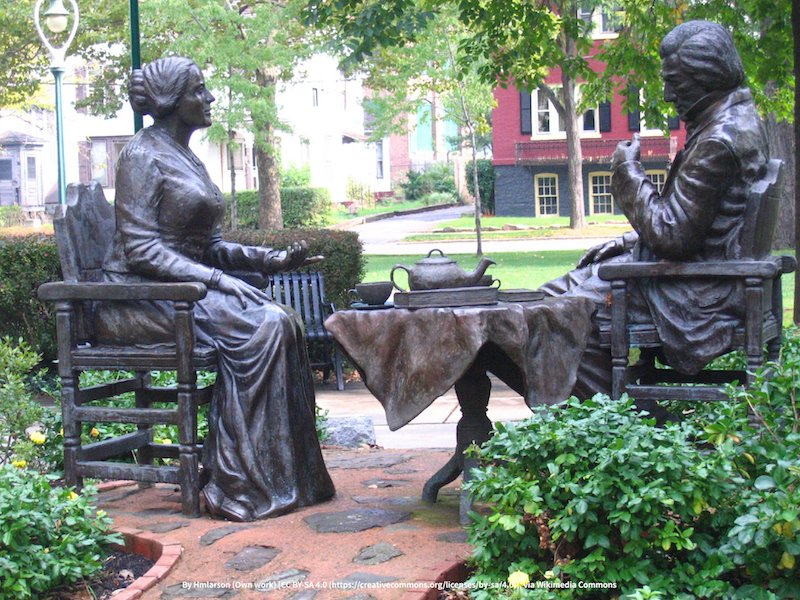 mentorainst's tweet photo. Did you know American women's rights activist, Susan B. Anthony, and abolitionist, Frederick Douglass, were great friends? A tribute to their friendship and solidarity is captured in a statue at Anthony Square Park in Rochester and is called “Let’s Have Tea".
#WhyIPL https://t.co/Vj7ww9CHUW
