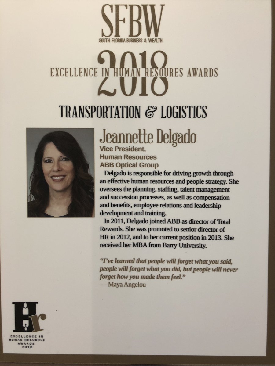ABBOPTICALFAM's tweet photo. Congratulations to our VP, Human Resources Jeannette Delgado on receiving a 2018 Excellence in Human Resources Award by South Florida Business and Wealth on all her achievements. https://t.co/FHN9OQBxUe