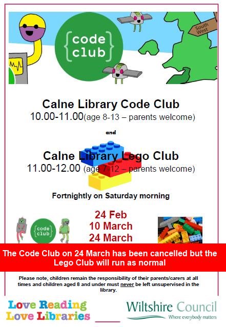 WiltsLibraries's tweet image. Unfortunately, the Code Club at @CalneHub tomorrow (24 March) has been cancelled. If you were due to attend, please contact #Calne Library or email libraryenquiries@wiltshire.gov.uk for further information. The Lego Club will run as normal